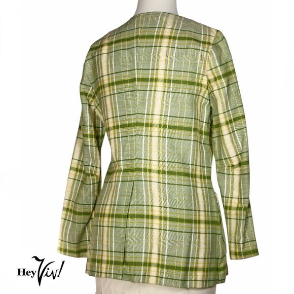 Vintage 60s Collarless Jacket Green Plaid Pockets Union Tag Size 11-12 - Hey Viv - Picture 4 of 12